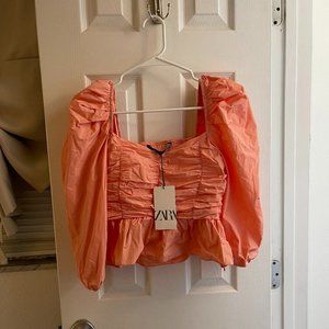 Zara Peach Puff Sleeve Top, Size M